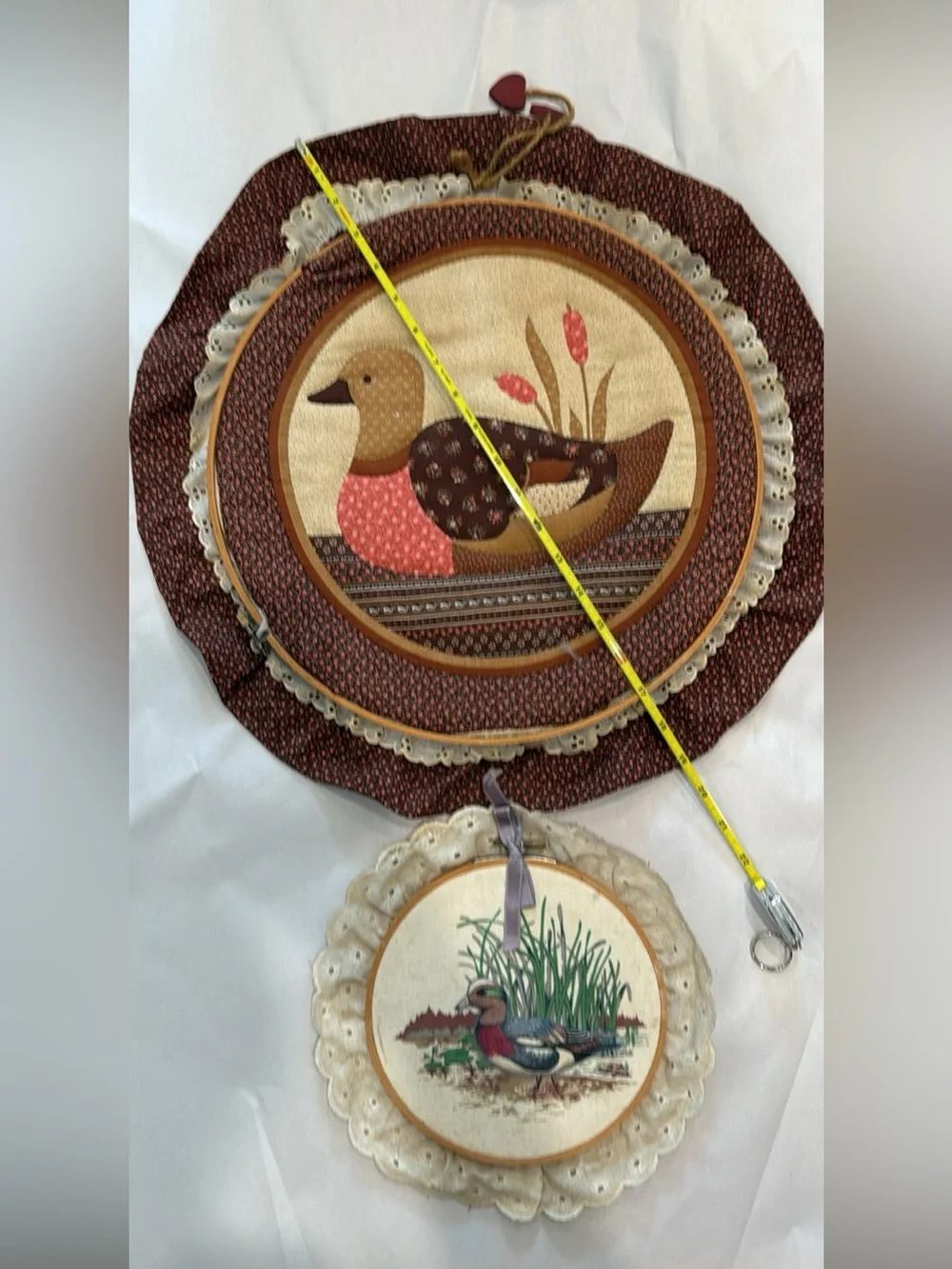 2 vintage Handmade Duck Wall Hangings in Brown and ivory fabrics